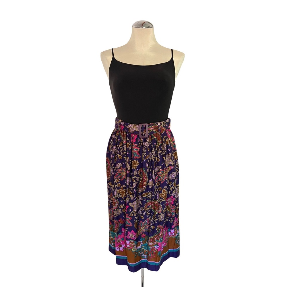 Counterparts Petites Purple Paisley Floral Belted Midi Skirt Size 10 Vintage